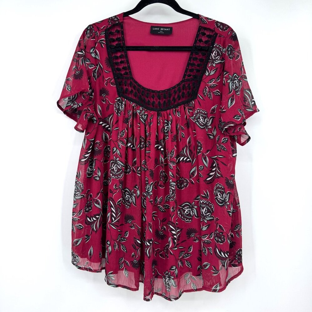 Lane Bryant Boho Chiffon Blouse Womens Plus Size 10/12 Square Neck Short Sleeves